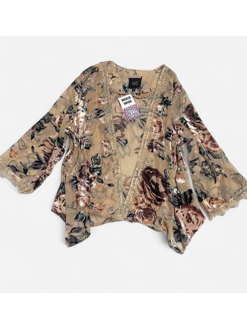 burnout velvet floral semi sheer kimono cardigan blouse with lace trim